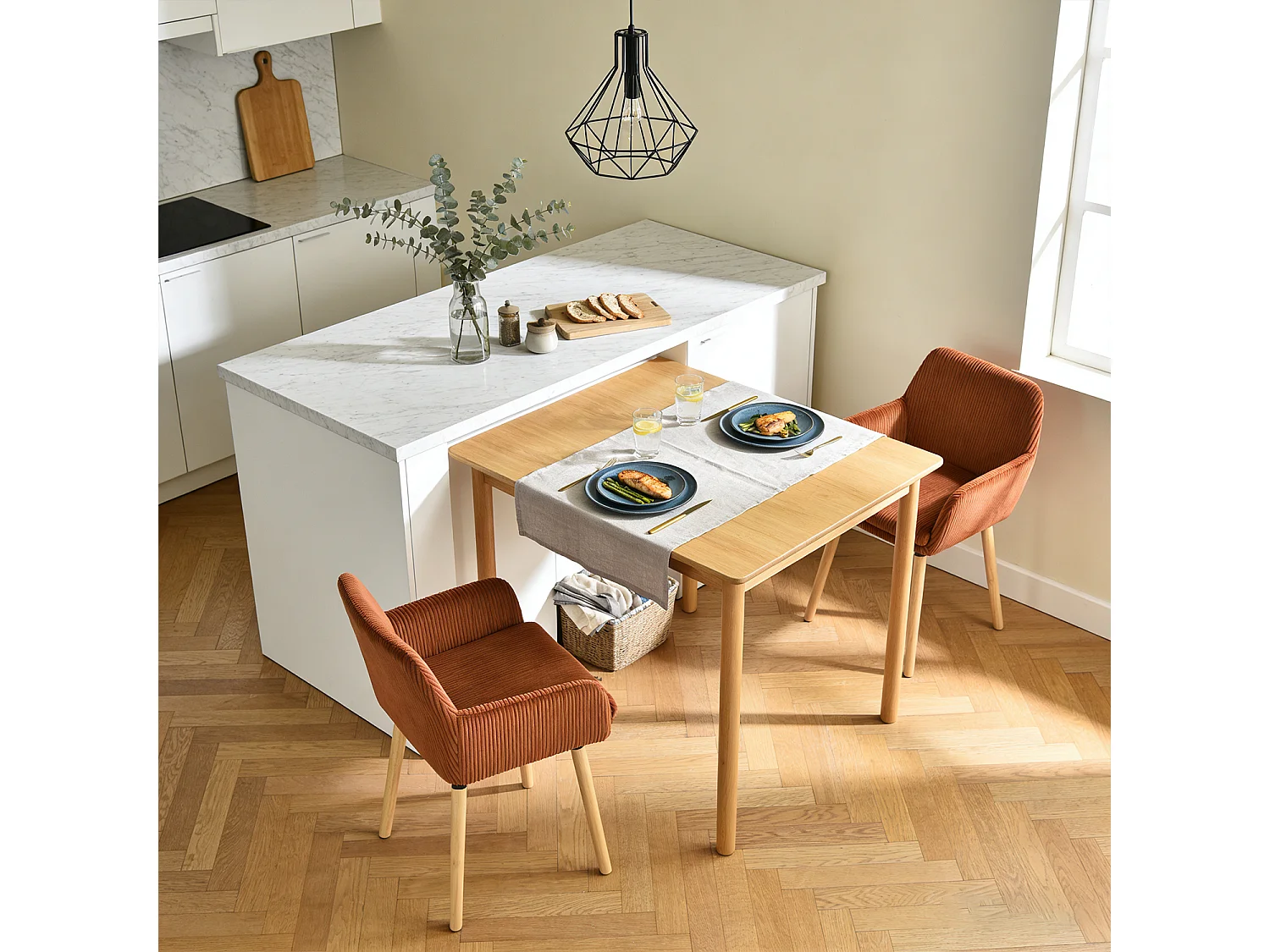 Lot de 2 chaises de salle à manger velours côtelé scandinave, ELIA