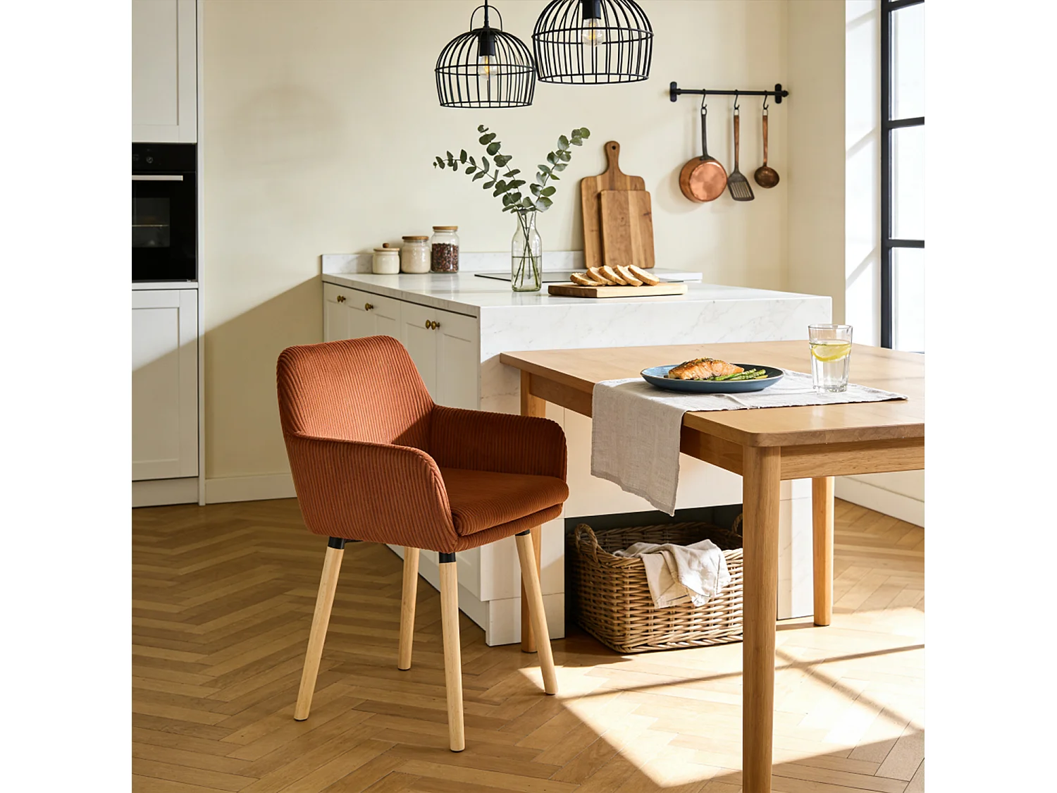 Lot de 2 chaises de salle à manger velours côtelé scandinave, ELIA