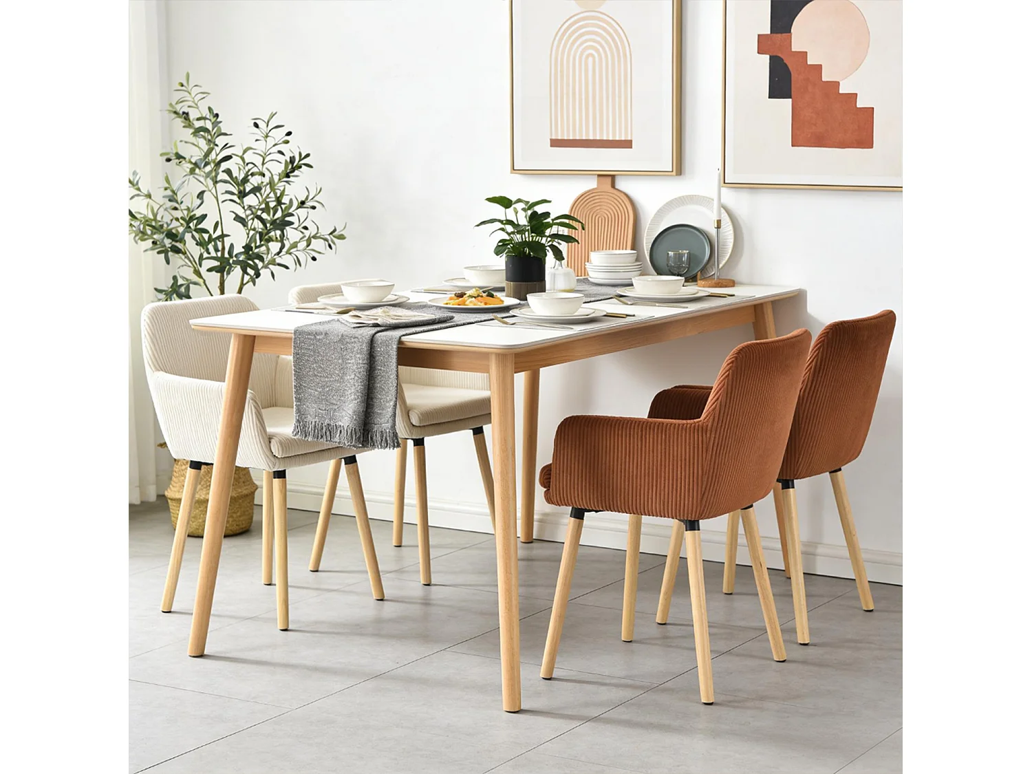 Lot de 4 chaises de salle à manger velours côtelé scandinave, ELIA