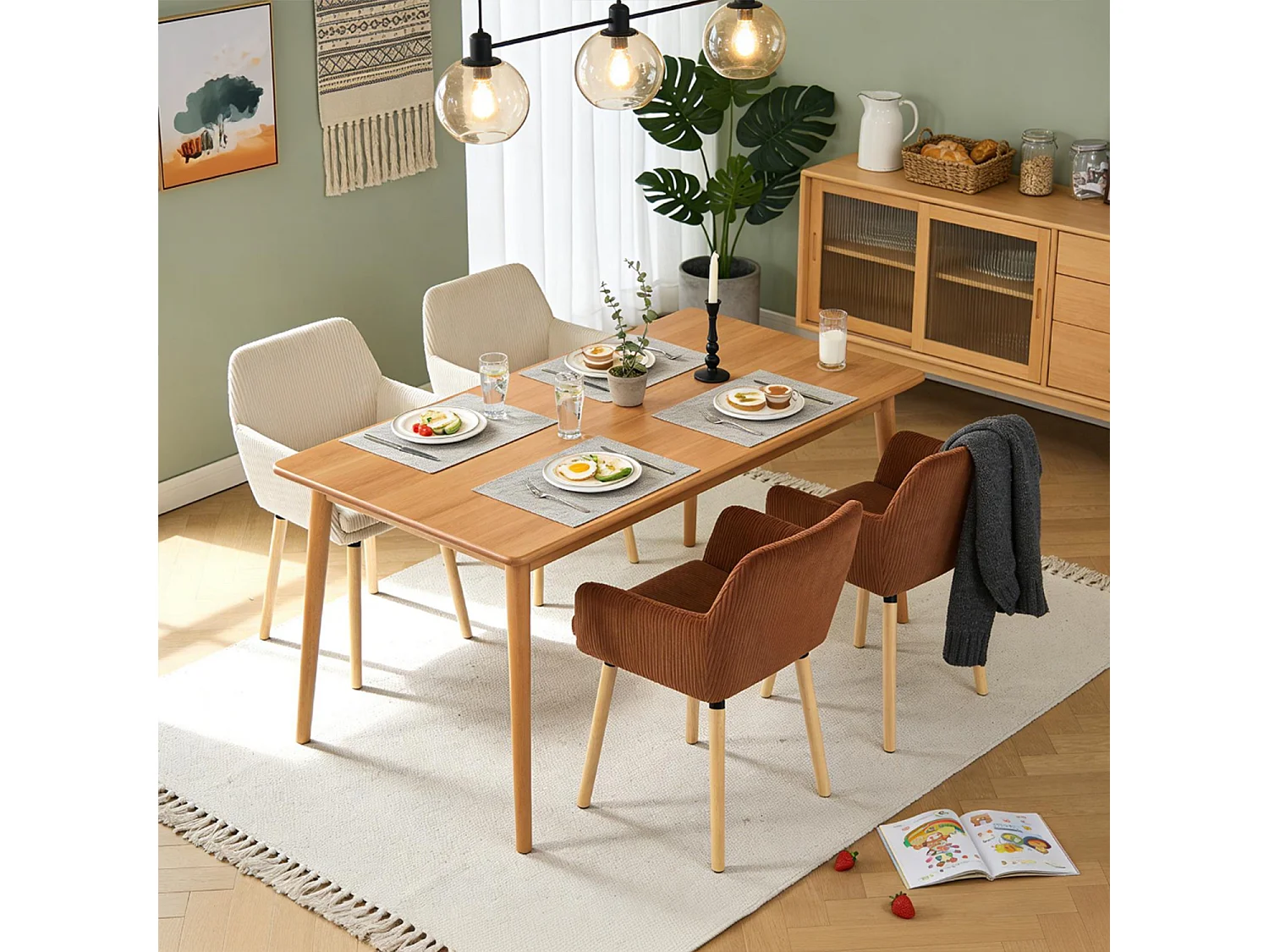 Lot de 4 chaises de salle à manger velours côtelé scandinave, ELIA