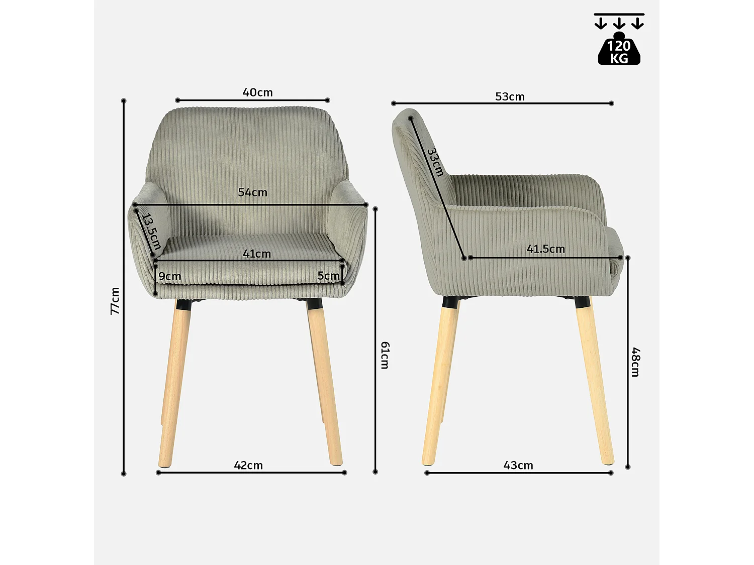 Lot de 6 chaises de salle à manger velours côtelé scandinave, ELIA