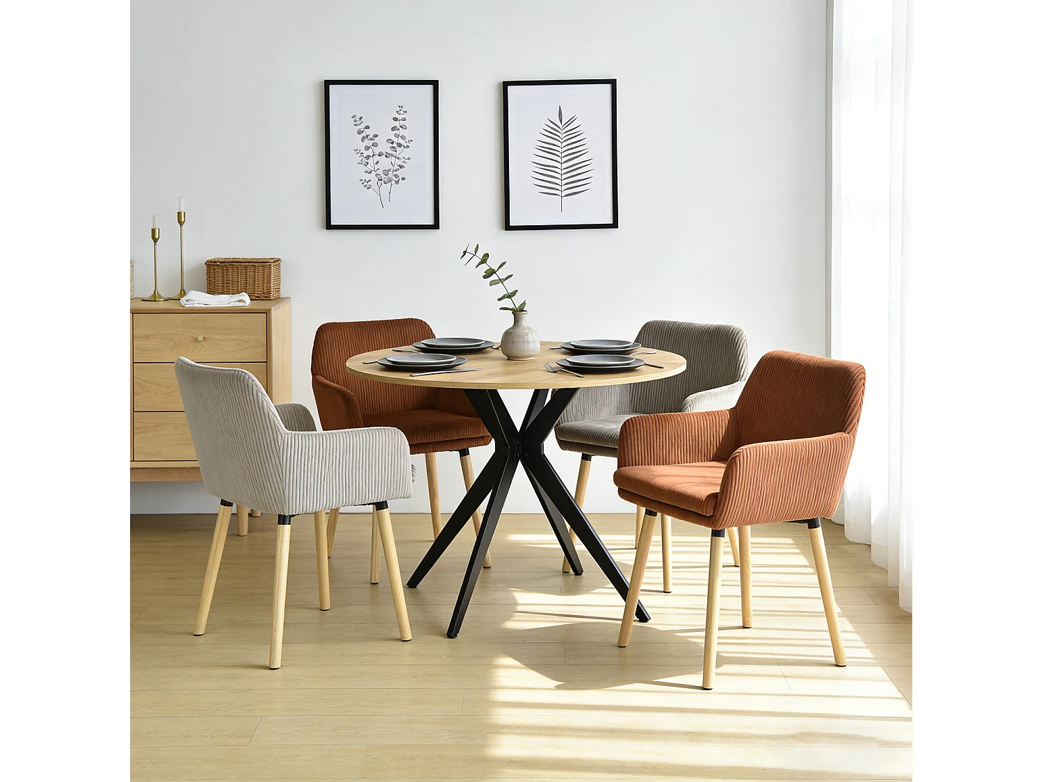 Lot de 4 chaises de salle à manger velours côtelé scandinave, ELIA
