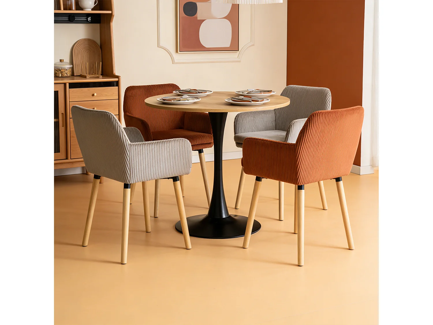 Lot de 4 chaises de salle à manger velours côtelé scandinave, ELIA