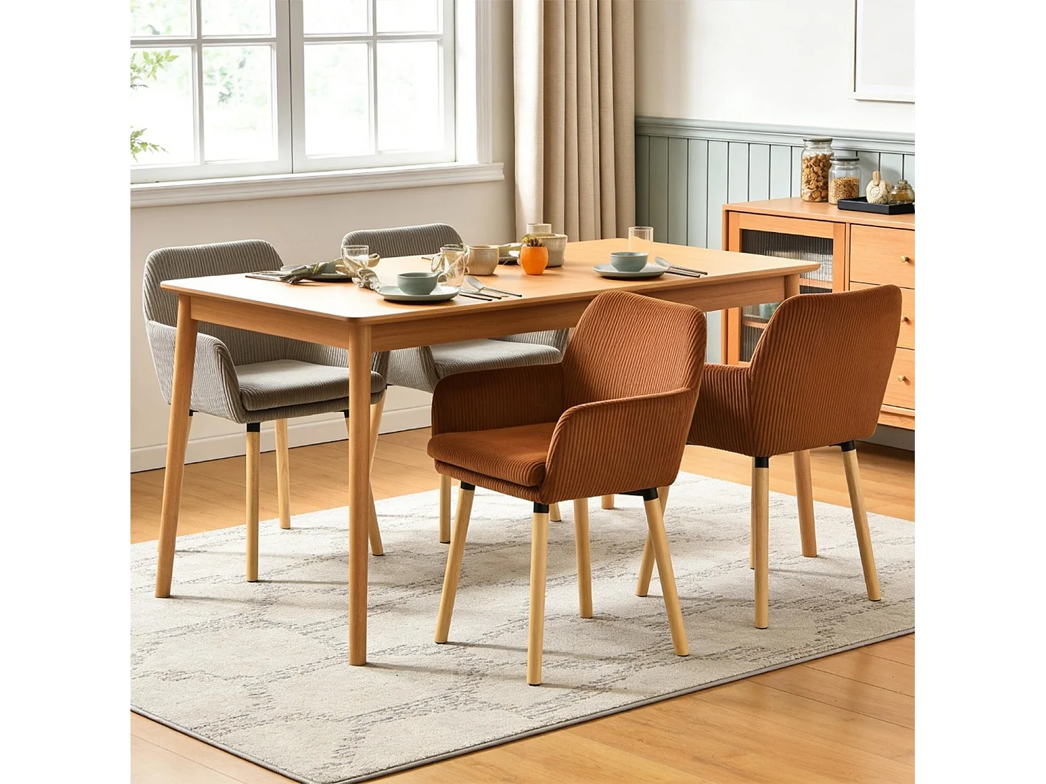 Lot de 4 chaises de salle à manger velours côtelé scandinave, ELIA
