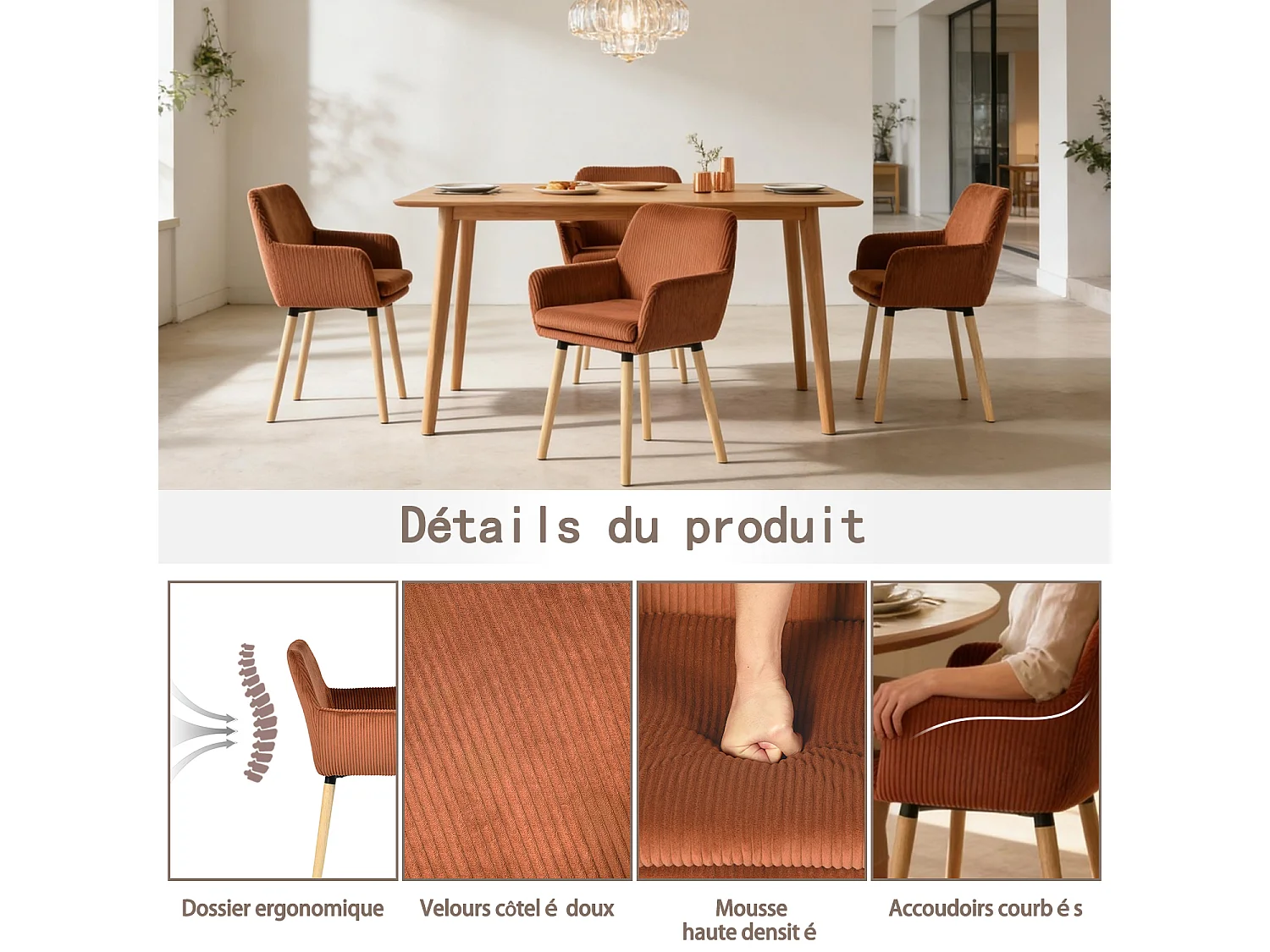 Lot de 6 chaises de salle à manger velours côtelé scandinave, ELIA