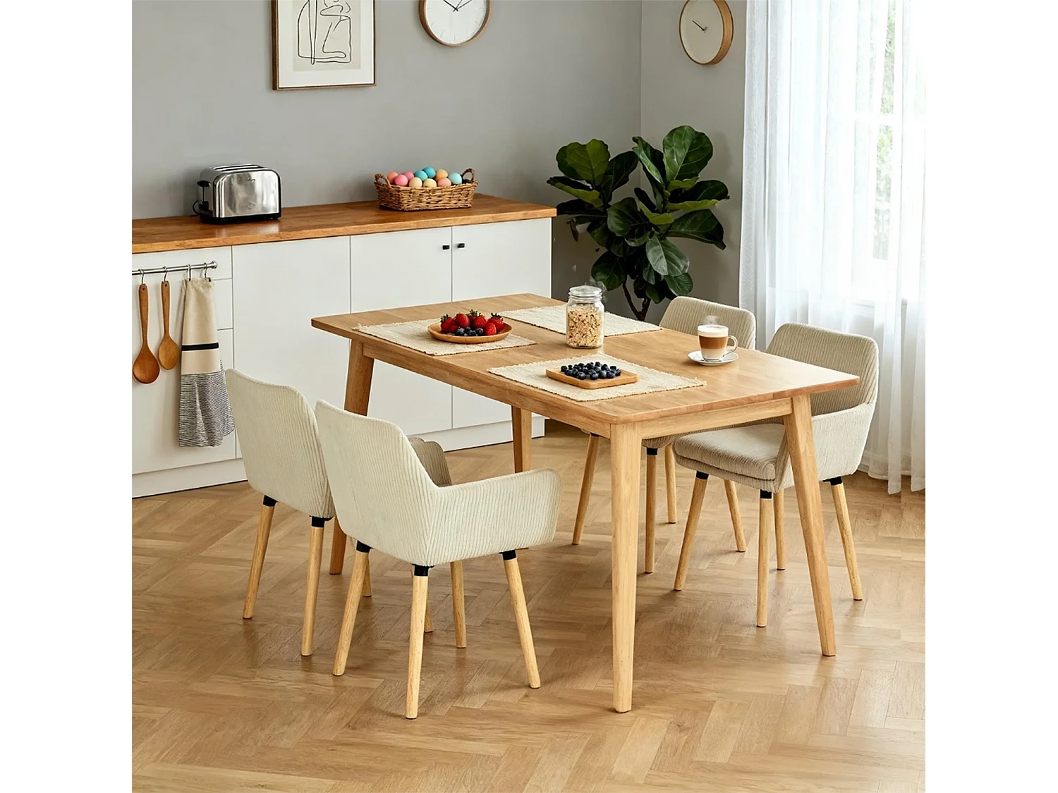 Lot de 4 chaises de salle à manger velours côtelé scandinave, ELIA