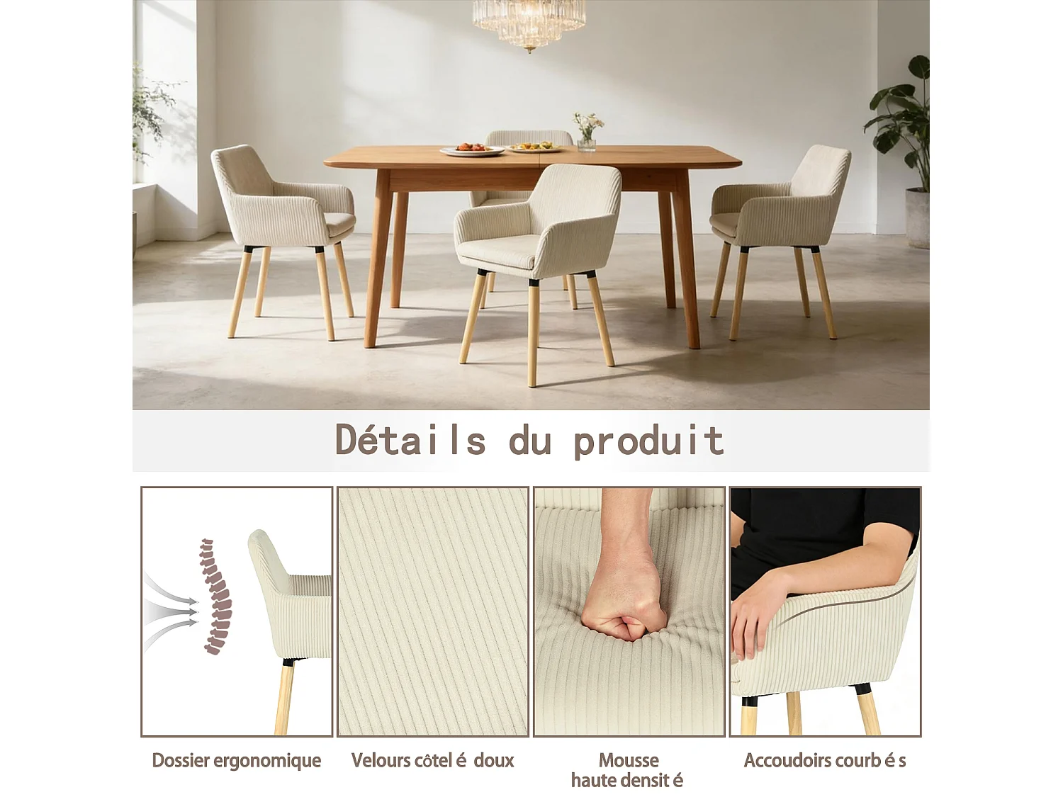 Lot de 4 chaises de salle à manger velours côtelé scandinave, ELIA