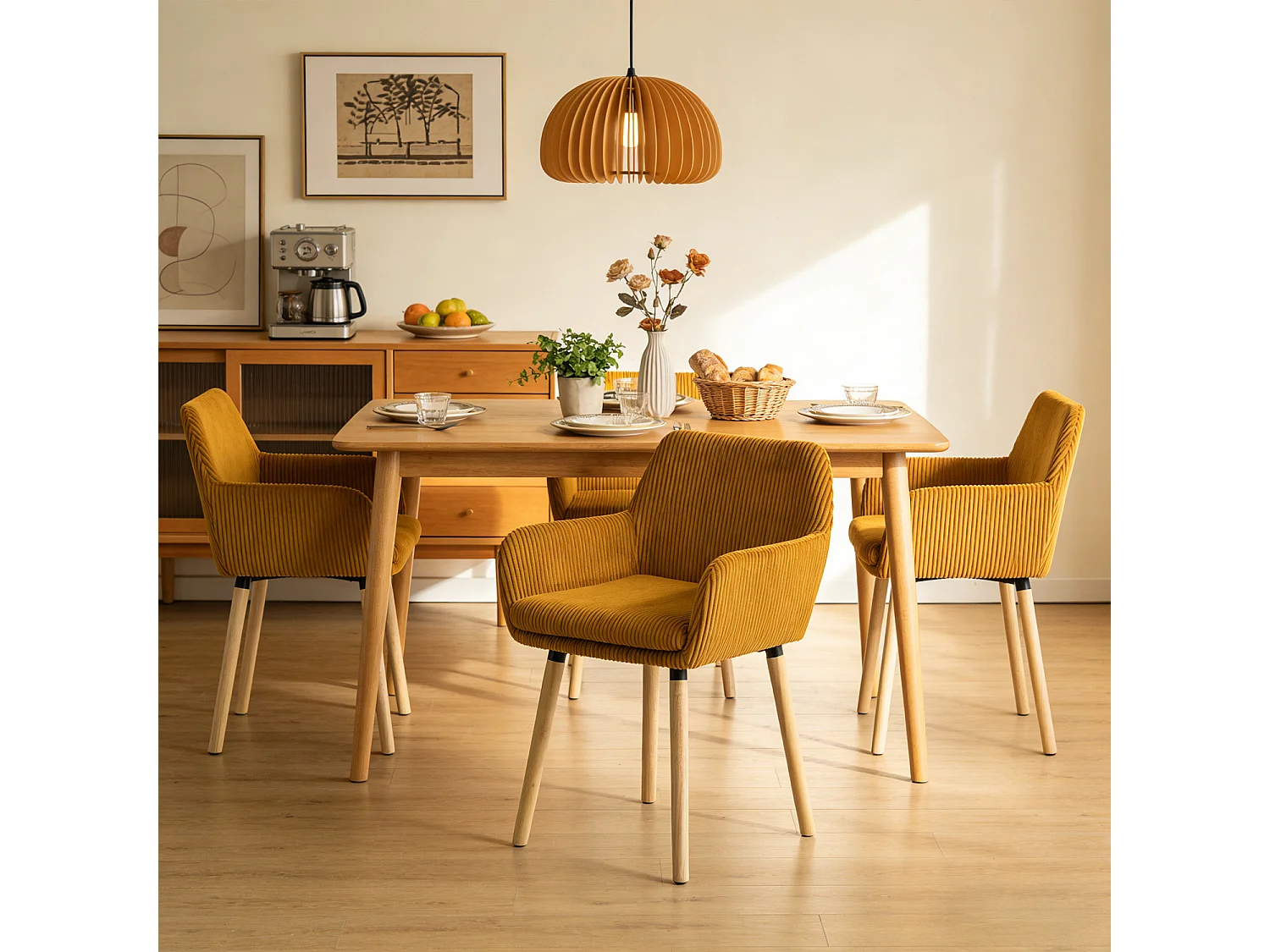 Lot de 4 chaises de salle à manger velours côtelé scandinave, ELIA