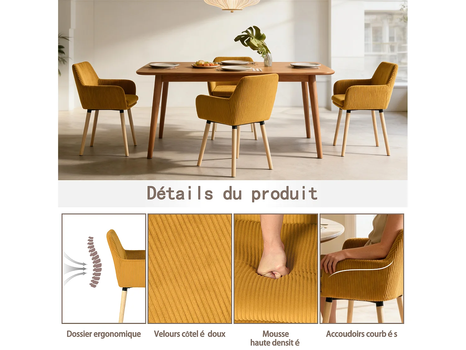 Lot de 6 chaises de salle à manger velours côtelé scandinave, ELIA