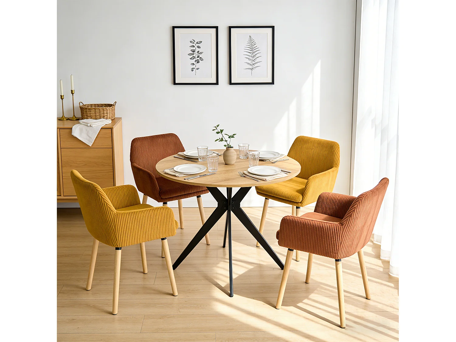 Lot de 4 chaises de salle à manger velours côtelé scandinave, ELIA