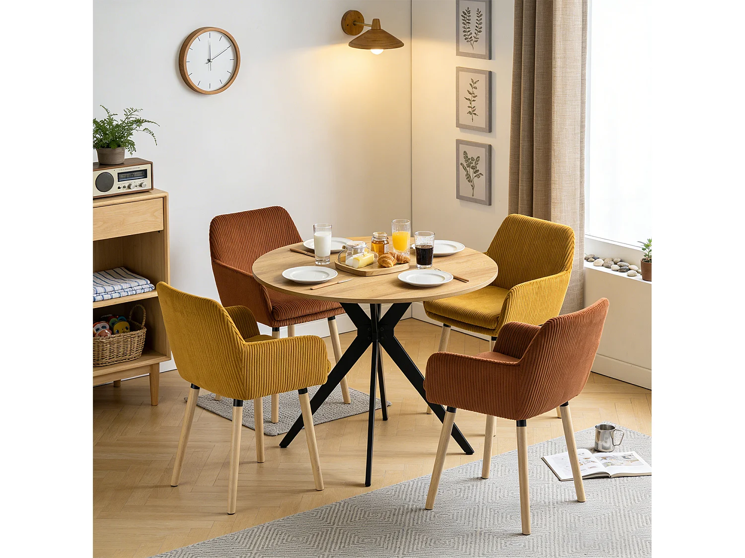Lot de 4 chaises de salle à manger velours côtelé scandinave, ELIA