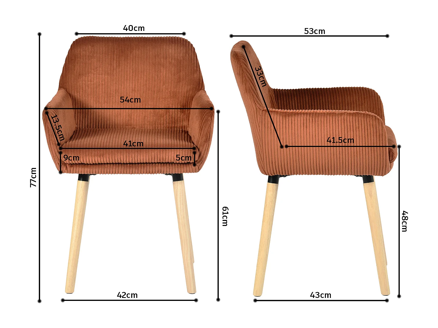 Lot de 4 chaises de salle à manger velours côtelé scandinave, ELIA