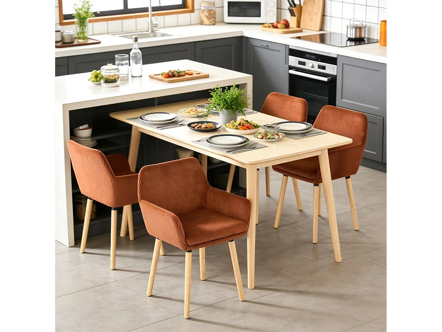 Lot de 4 chaises de salle à manger velours côtelé scandinave, ELIA