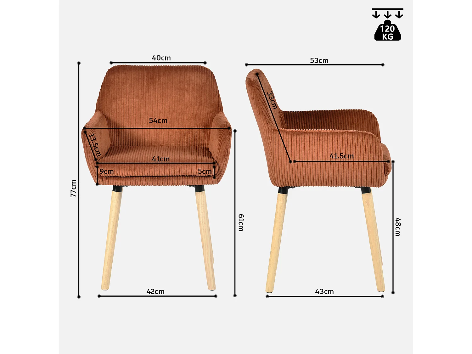 Lot de 4 chaises de salle à manger velours côtelé scandinave, ELIA