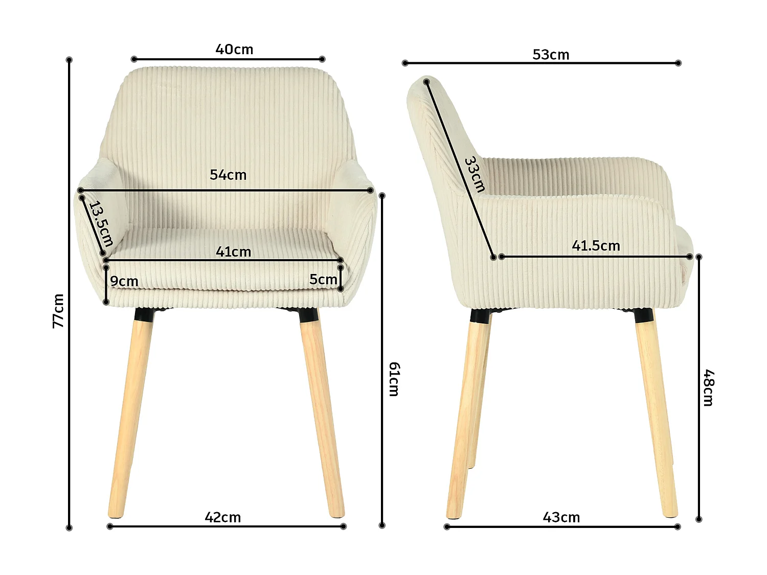 Lot de 6 chaises de salle à manger velours côtelé scandinave, ELIA