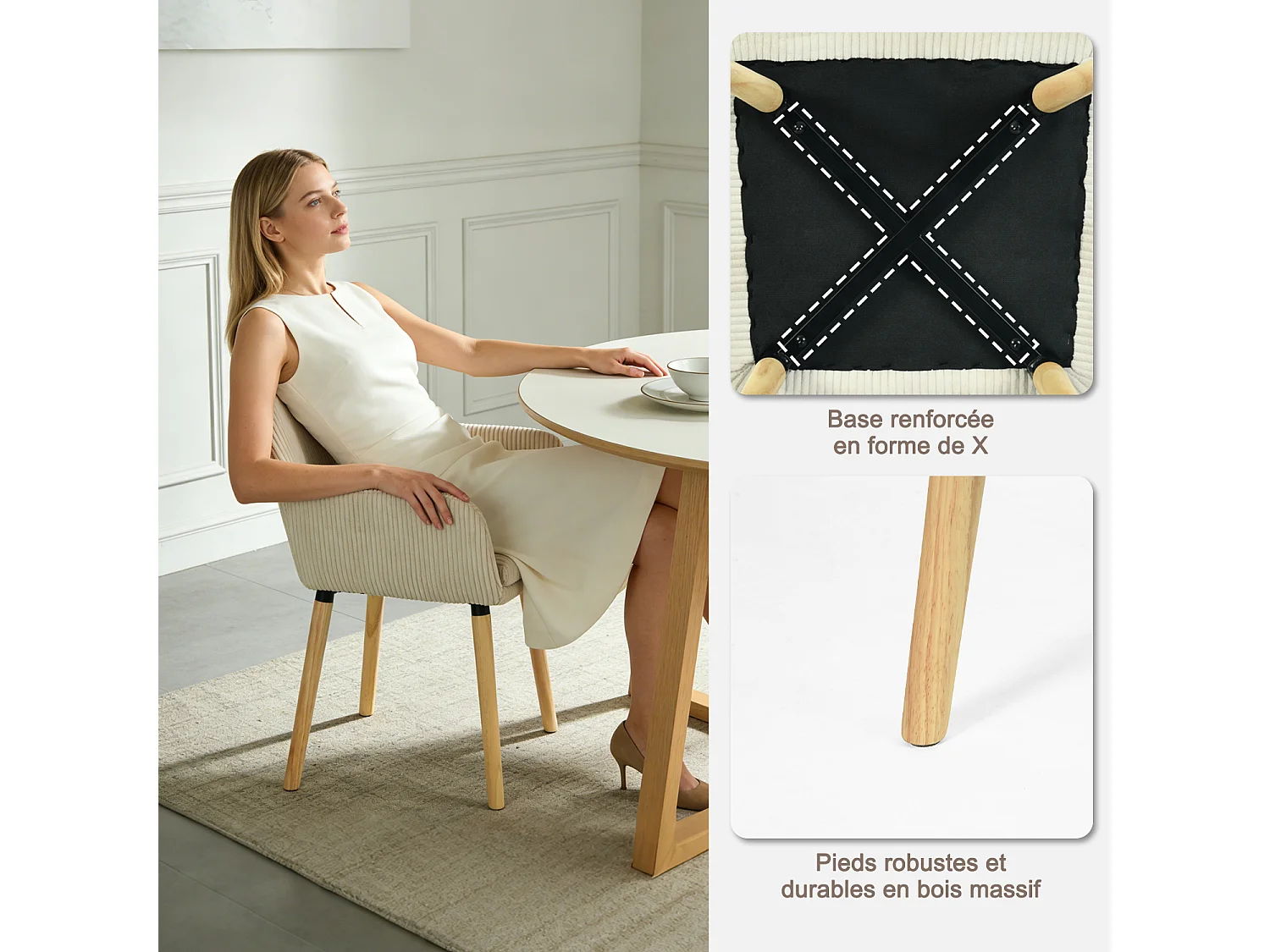 Lot de 6 chaises de salle à manger velours côtelé scandinave, ELIA