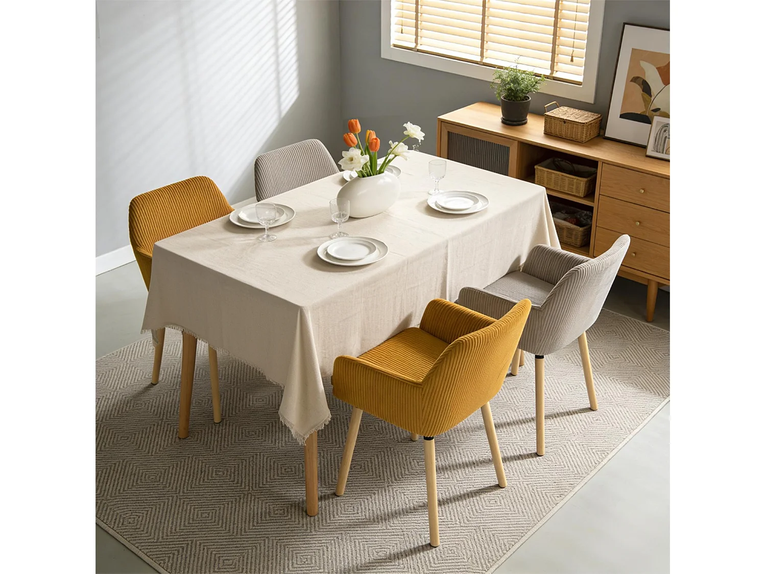 Lot de 4 chaises de salle à manger velours côtelé scandinave, ELIA