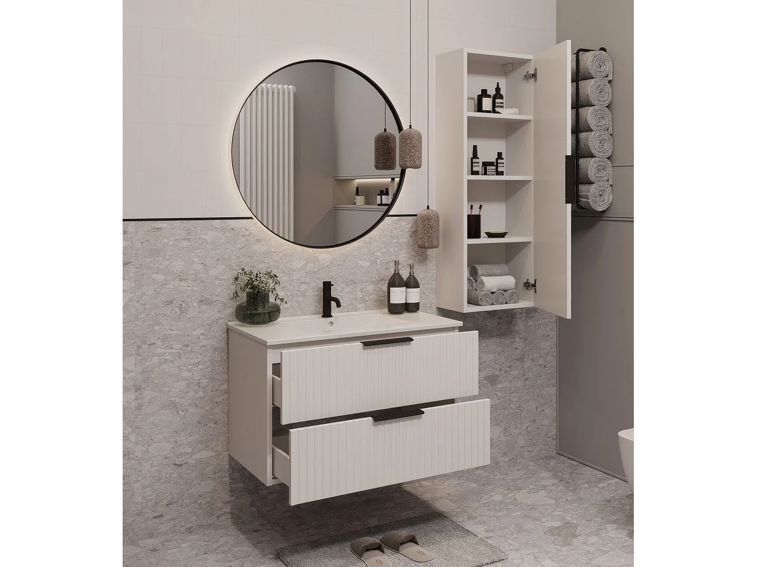 Mobile bagno sospeso 80 cm con lavabo - frontale scanalato - bianco opaco - 2 cassetti - TIBU