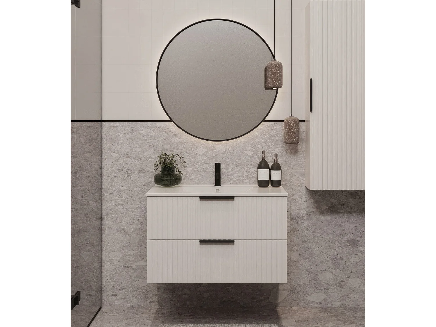 Mobile bagno sospeso 80 cm con lavabo - frontale scanalato - bianco opaco - 2 cassetti - TIBU