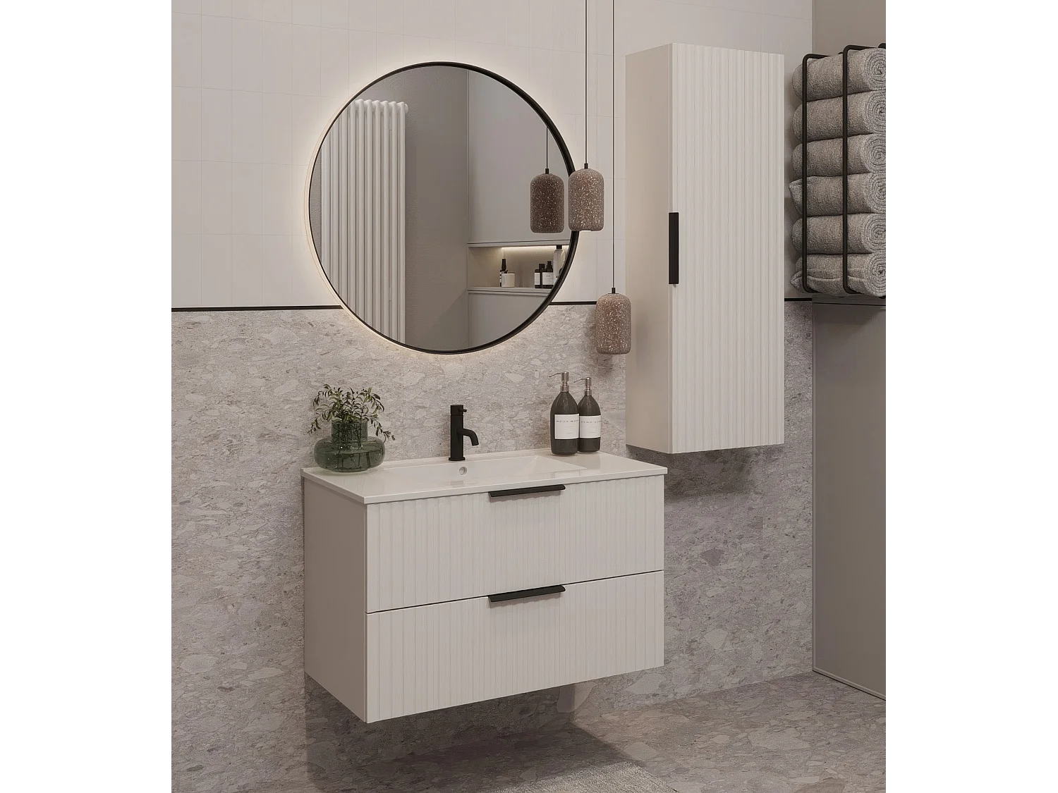Mobile bagno sospeso 80 cm con lavabo - frontale scanalato - bianco opaco - 2 cassetti - TIBU