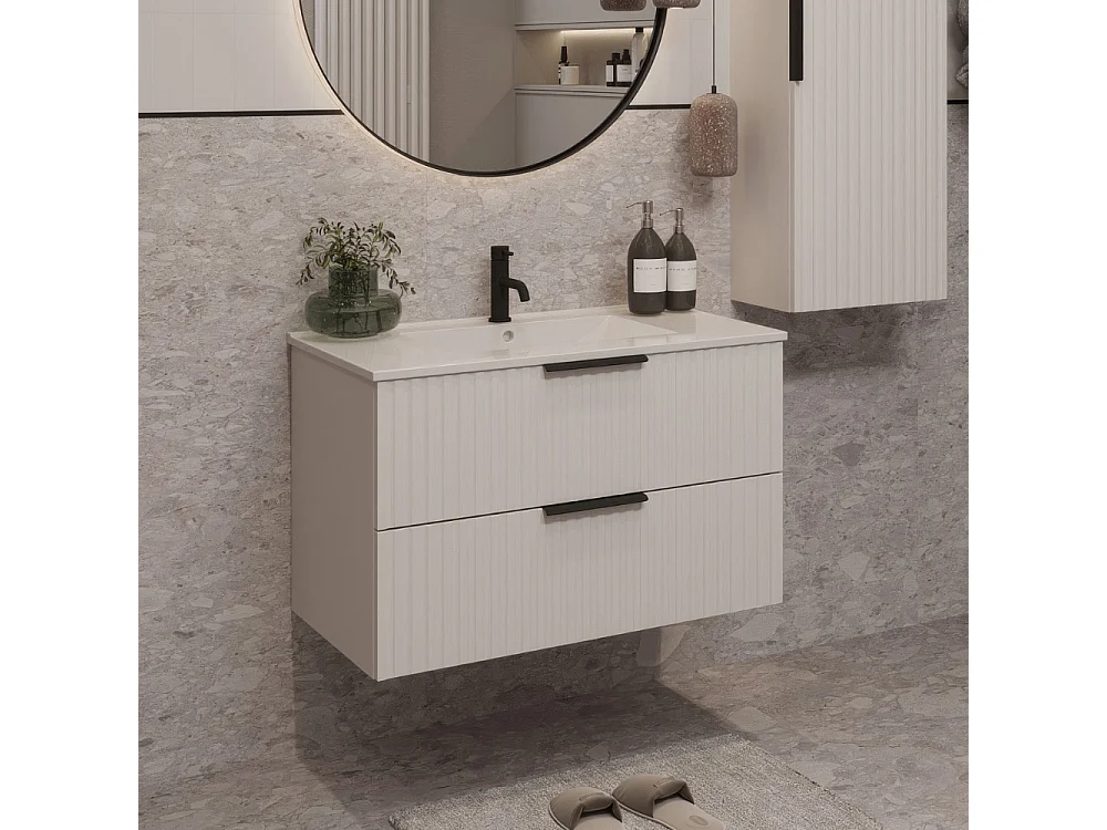 Mobile bagno sospeso 80 cm con lavabo - frontale scanalato - bianco opaco - 2 cassetti - TIBU