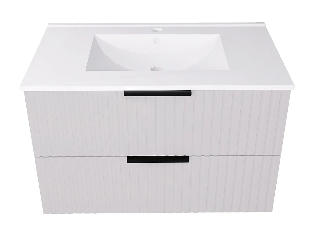 Mobile bagno sospeso 80 cm con lavabo - frontale scanalato - bianco opaco - 2 cassetti - TIBU