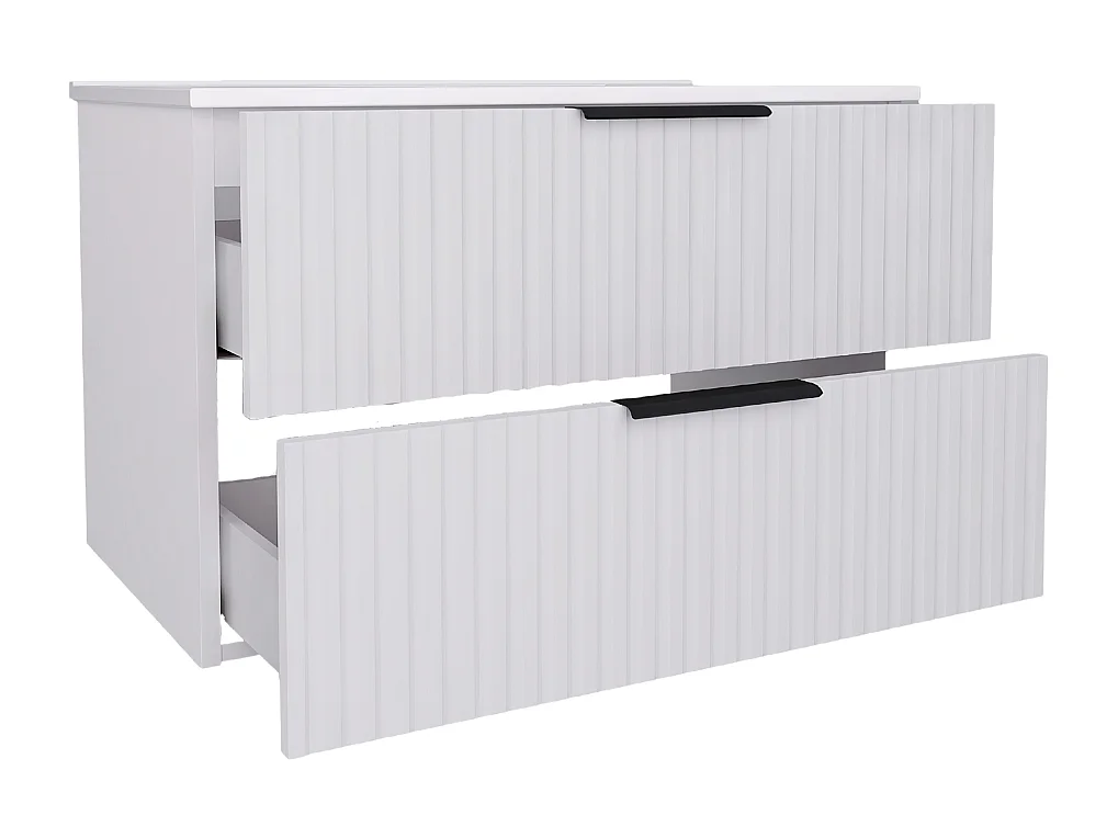 Mobile bagno sospeso 80 cm con lavabo - frontale scanalato - bianco opaco - 2 cassetti - TIBU