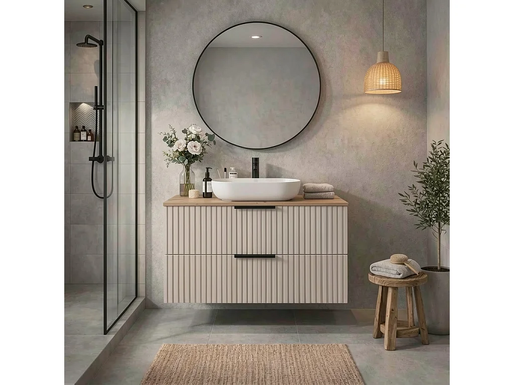 Meuble de salle de bain suspendu 60 cm avec lavabo - façade rainurée - cachemire et chêne Artisan - 2 tiroirs - TIBU