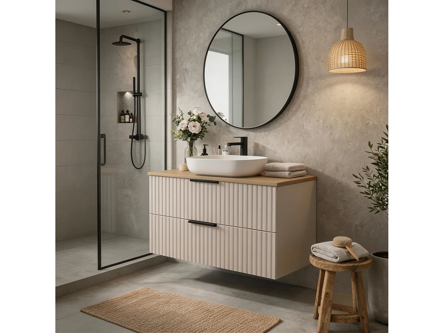 Meuble de salle de bain suspendu 60 cm avec lavabo - façade rainurée - cachemire et chêne Artisan - 2 tiroirs - TIBU
