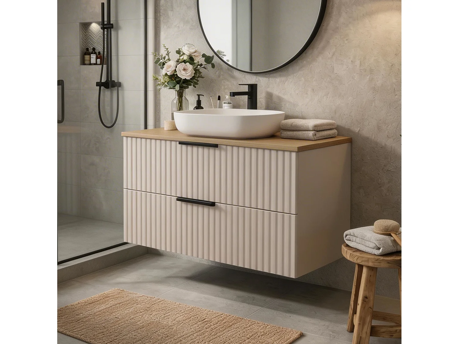 Meuble de salle de bain suspendu 60 cm avec lavabo - façade rainurée - cachemire et chêne Artisan - 2 tiroirs - TIBU