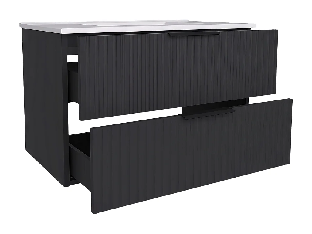 Hangend badkamermeubel 80 cm met wastafel - geribbeld front - mat zwart - 2 lades - TIBU