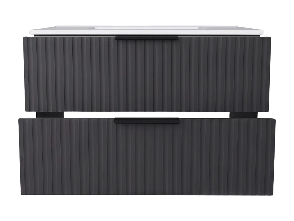 Hangend badkamermeubel 80 cm met wastafel - geribbeld front - mat zwart - 2 lades - TIBU