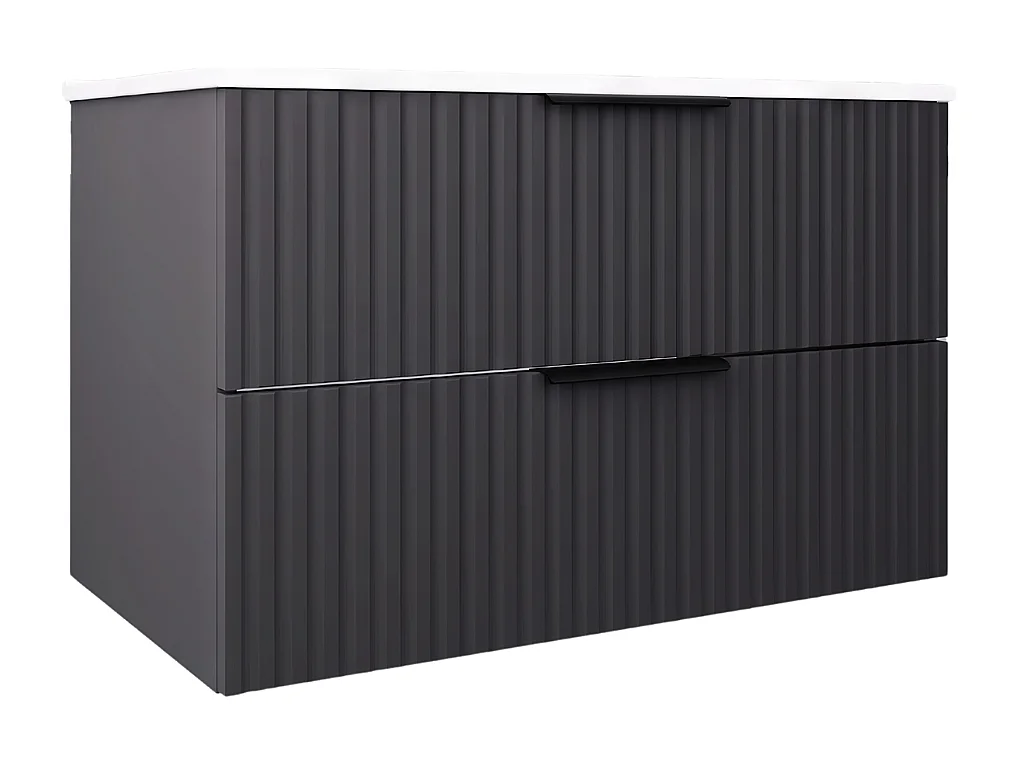 Hangend badkamermeubel 80 cm met wastafel - geribbeld front - mat zwart - 2 lades - TIBU