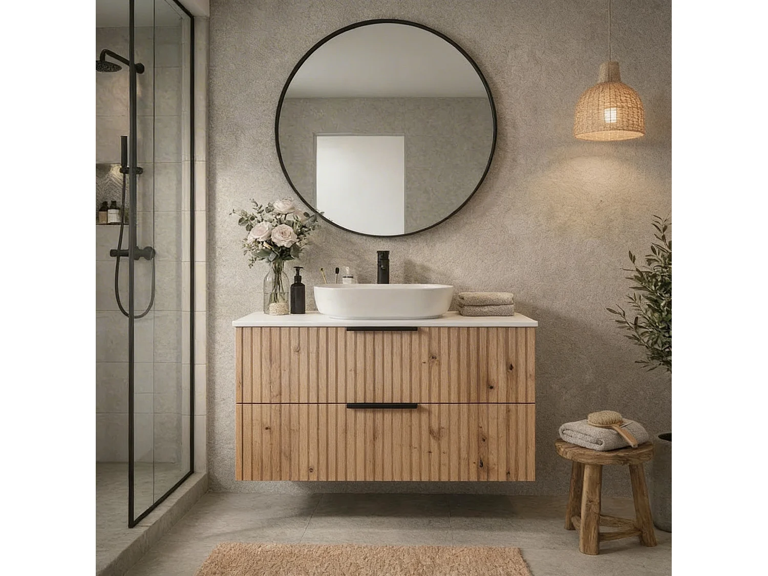 Meuble de salle de bain suspendu 60 cm avec lavabo - façade rainurée - chêne Evoke - 2 tiroirs - TIBU