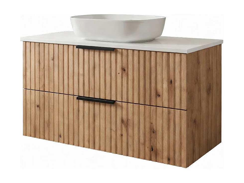 Meuble de salle de bain suspendu 60 cm avec lavabo - façade rainurée - chêne Evoke - 2 tiroirs - TIBU