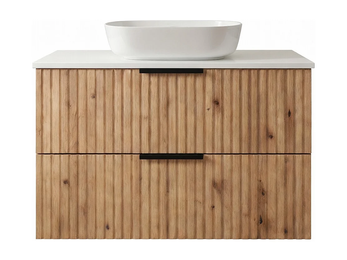 Meuble de salle de bain suspendu 60 cm avec lavabo - façade rainurée - chêne Evoke - 2 tiroirs - TIBU