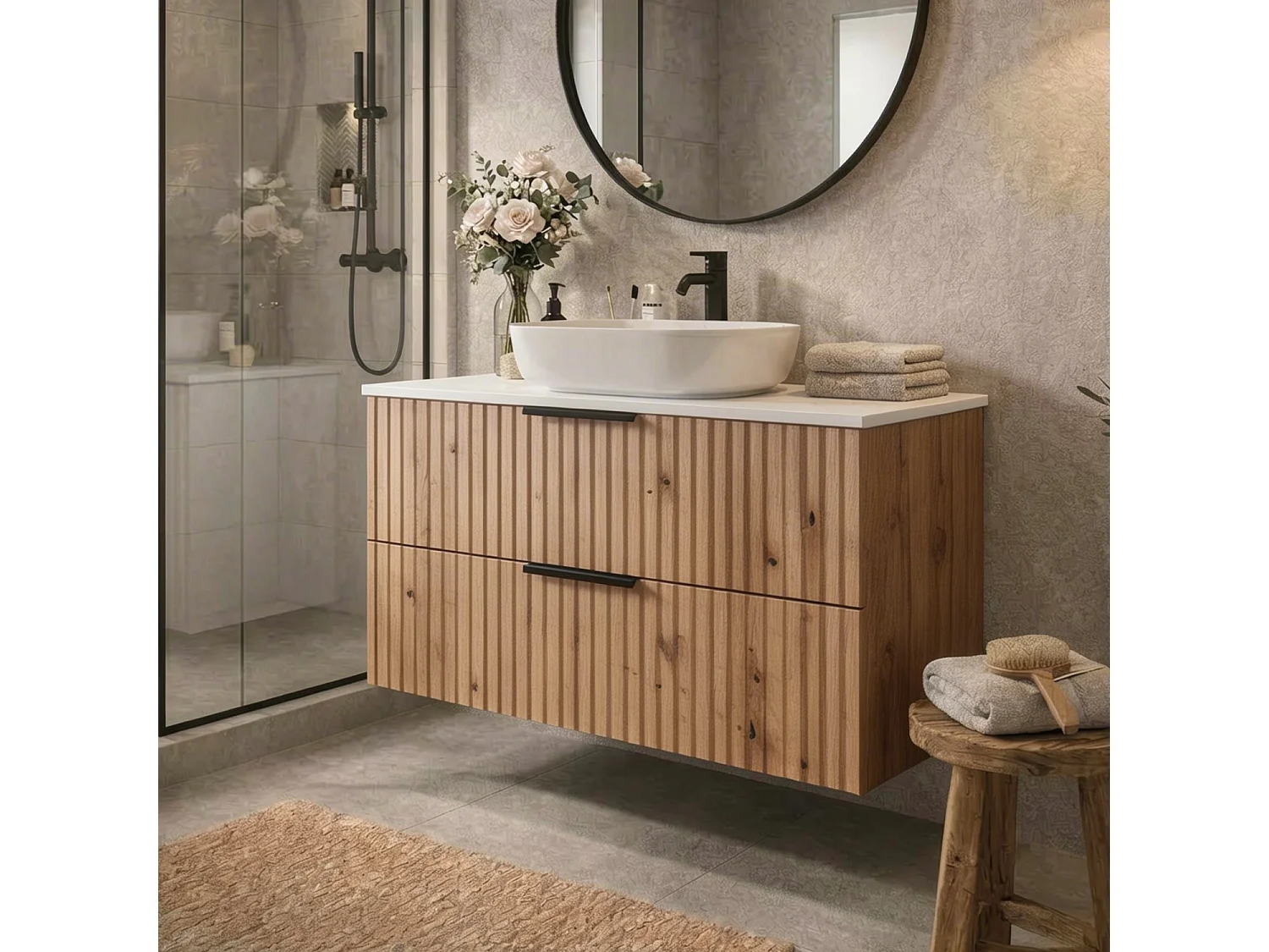 Meuble de salle de bain suspendu 60 cm avec lavabo - façade rainurée - chêne Evoke - 2 tiroirs - TIBU