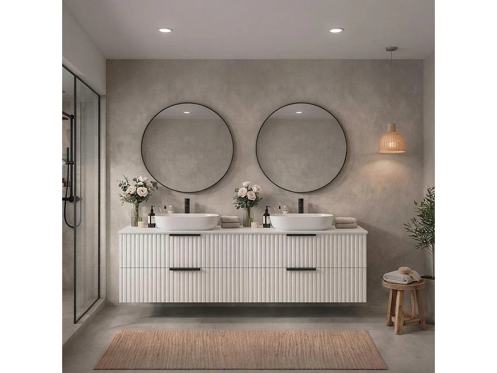 Meuble de salle de bain suspendu 120 cm avec lavabo - façade rainurée - blanc mat - 4 tiroirs - TIBU
