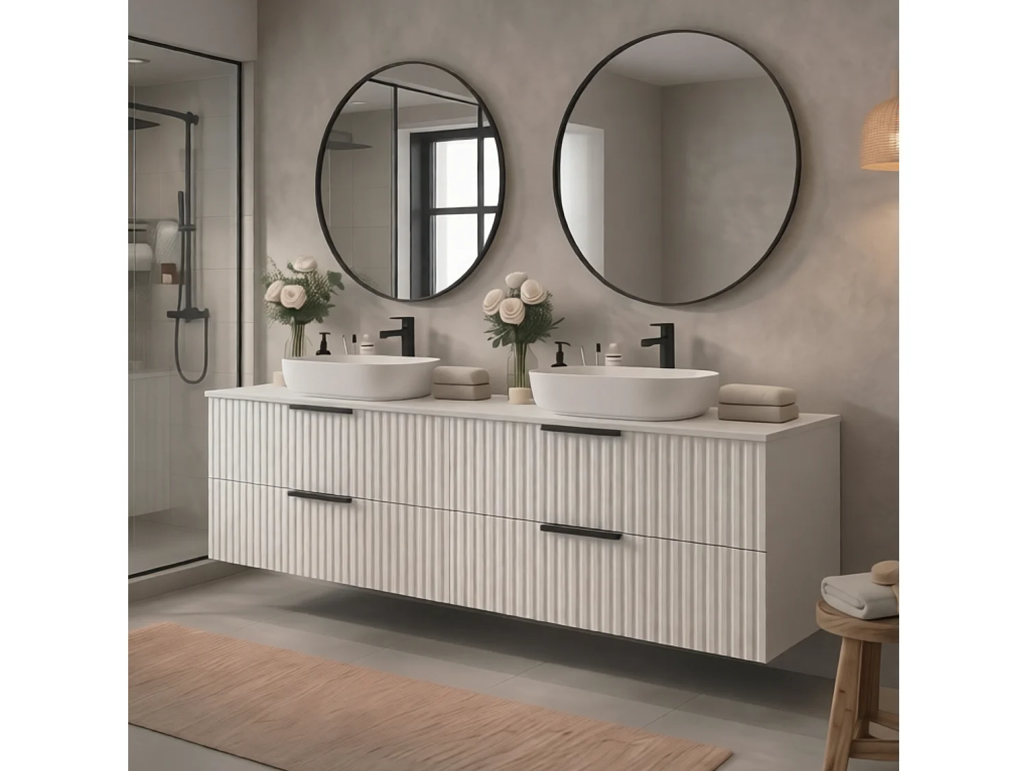 Meuble de salle de bain suspendu 120 cm avec lavabo - façade rainurée - blanc mat - 4 tiroirs - TIBU