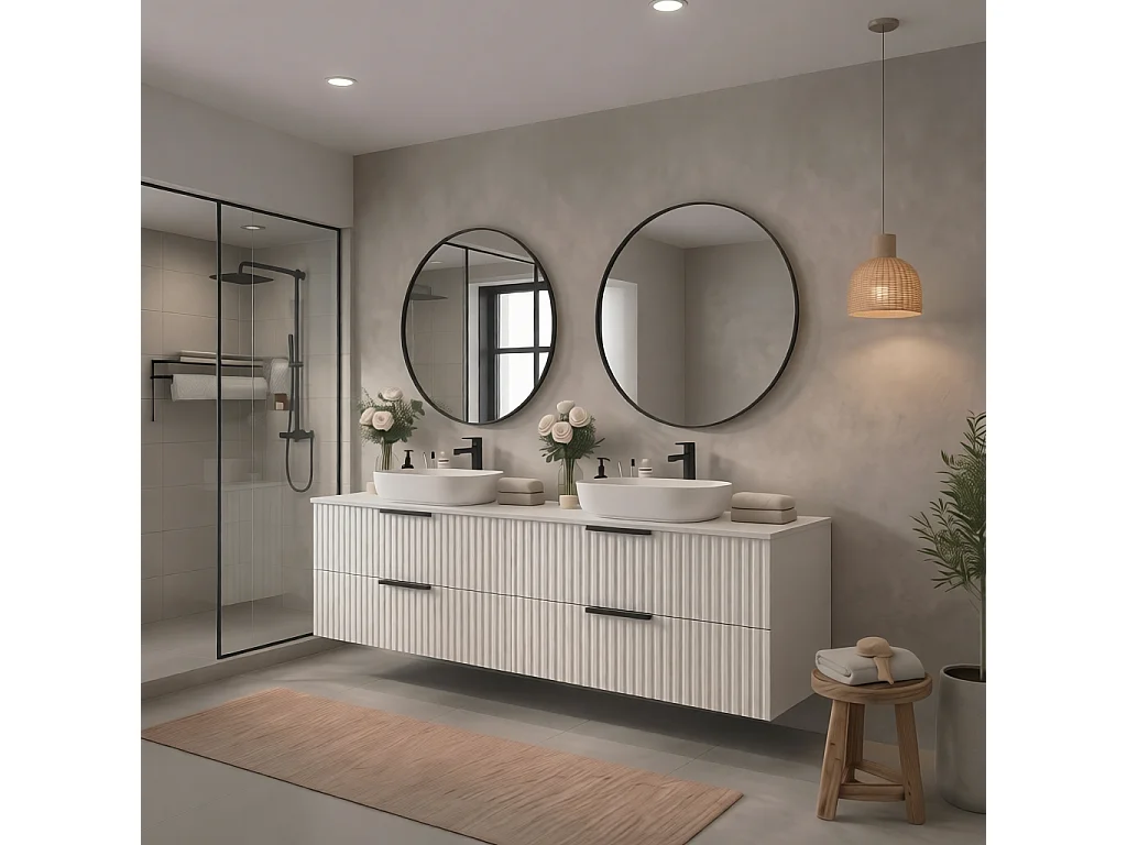 Meuble de salle de bain suspendu 120 cm avec lavabo - façade rainurée - blanc mat - 4 tiroirs - TIBU