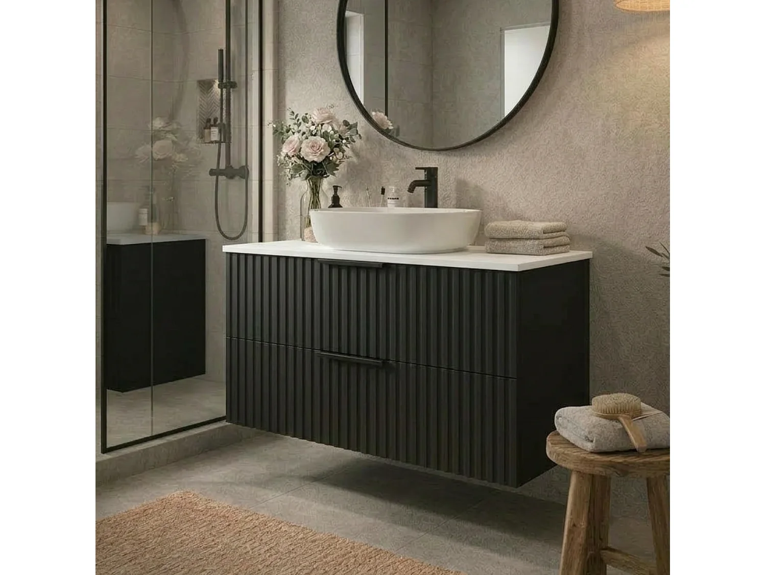 Meuble de salle de bain suspendu 80 cm avec lavabo - façade rainurée - noir mat - 2 tiroirs - TIBU