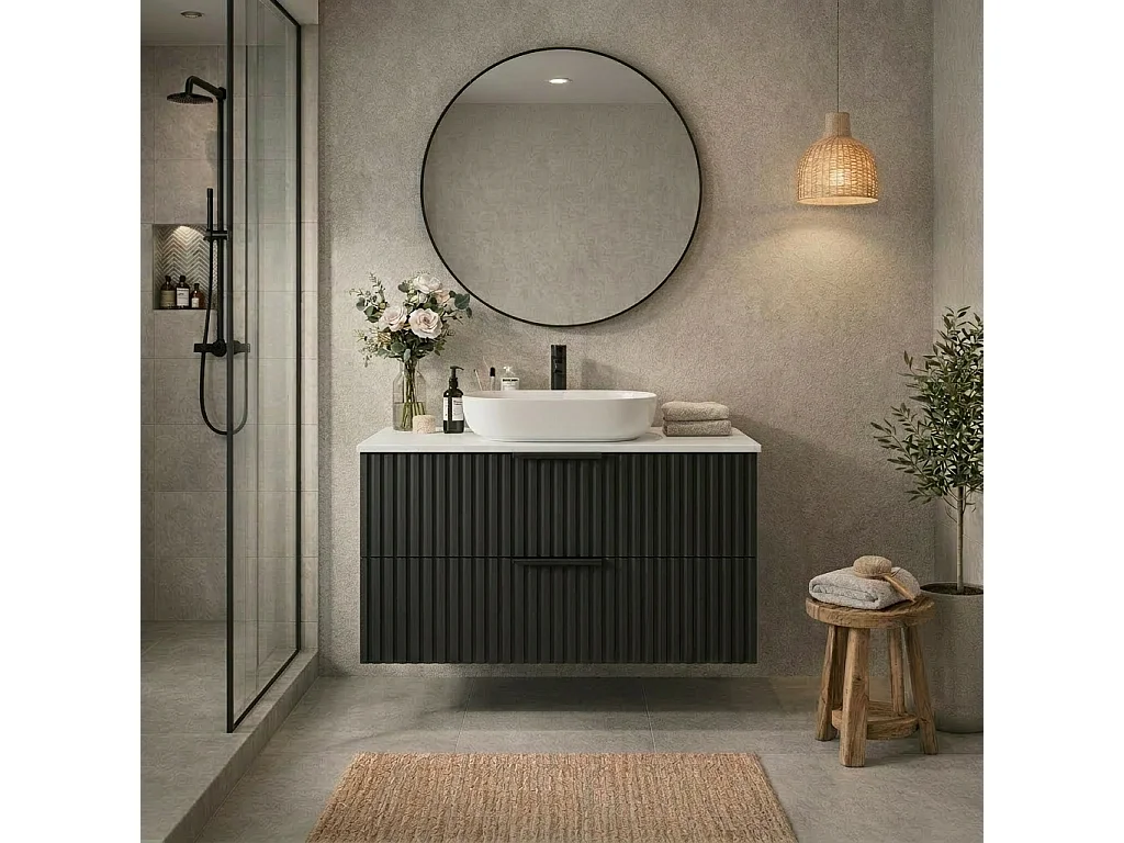Meuble de salle de bain suspendu 80 cm avec lavabo - façade rainurée - noir mat - 2 tiroirs - TIBU