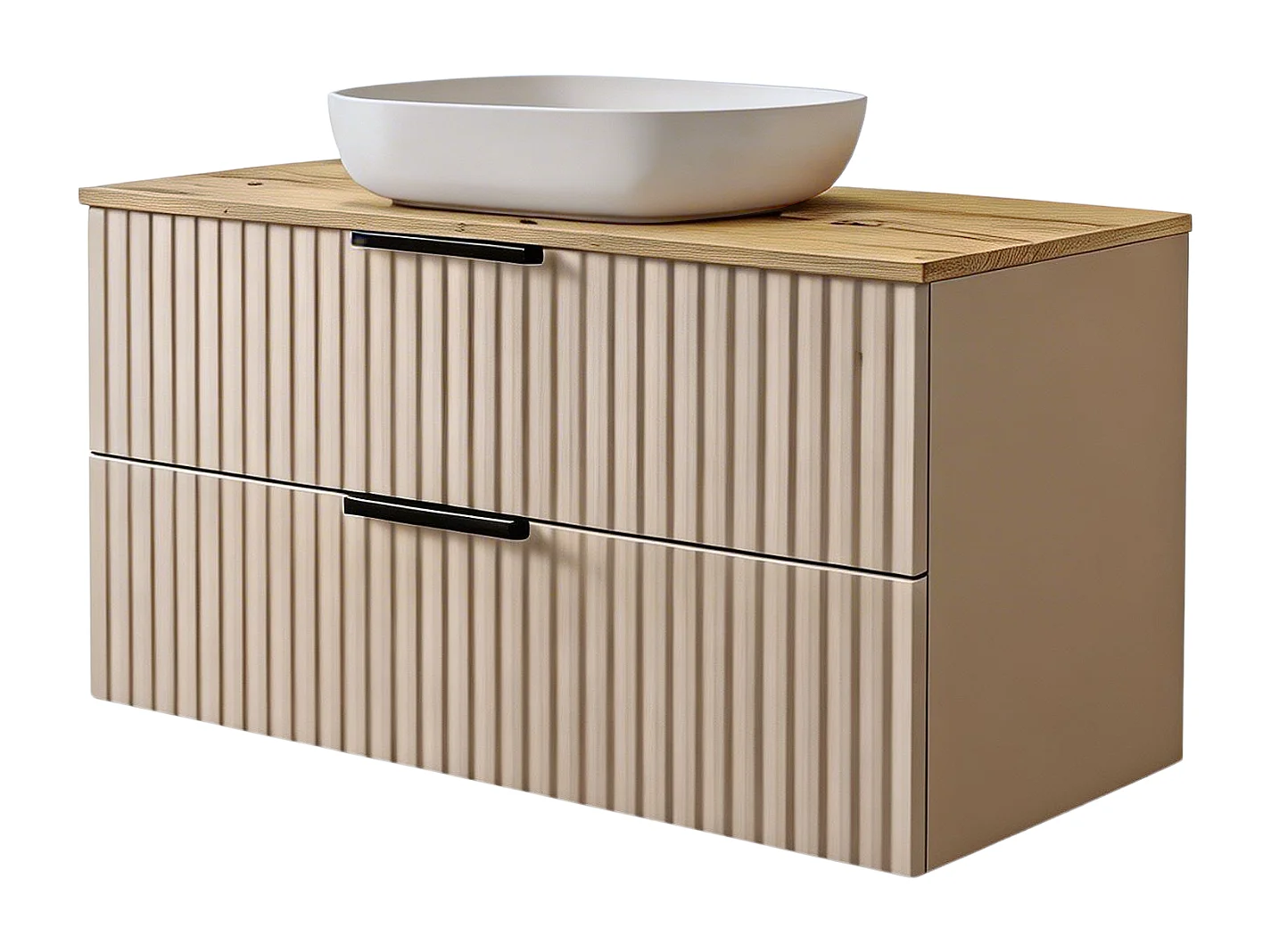 Meuble de salle de bain suspendu 80 cm avec lavabo - façade rainurée - cachemire et chêne Artisan - 2 tiroirs - TIBU