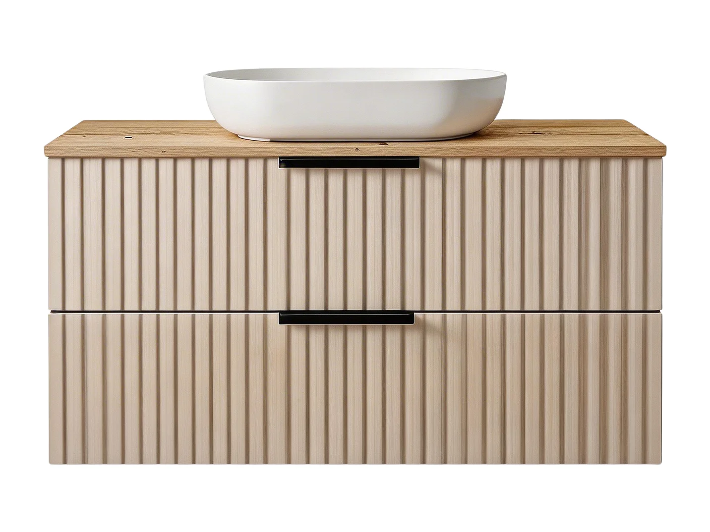 Meuble de salle de bain suspendu 80 cm avec lavabo - façade rainurée - cachemire et chêne Artisan - 2 tiroirs - TIBU