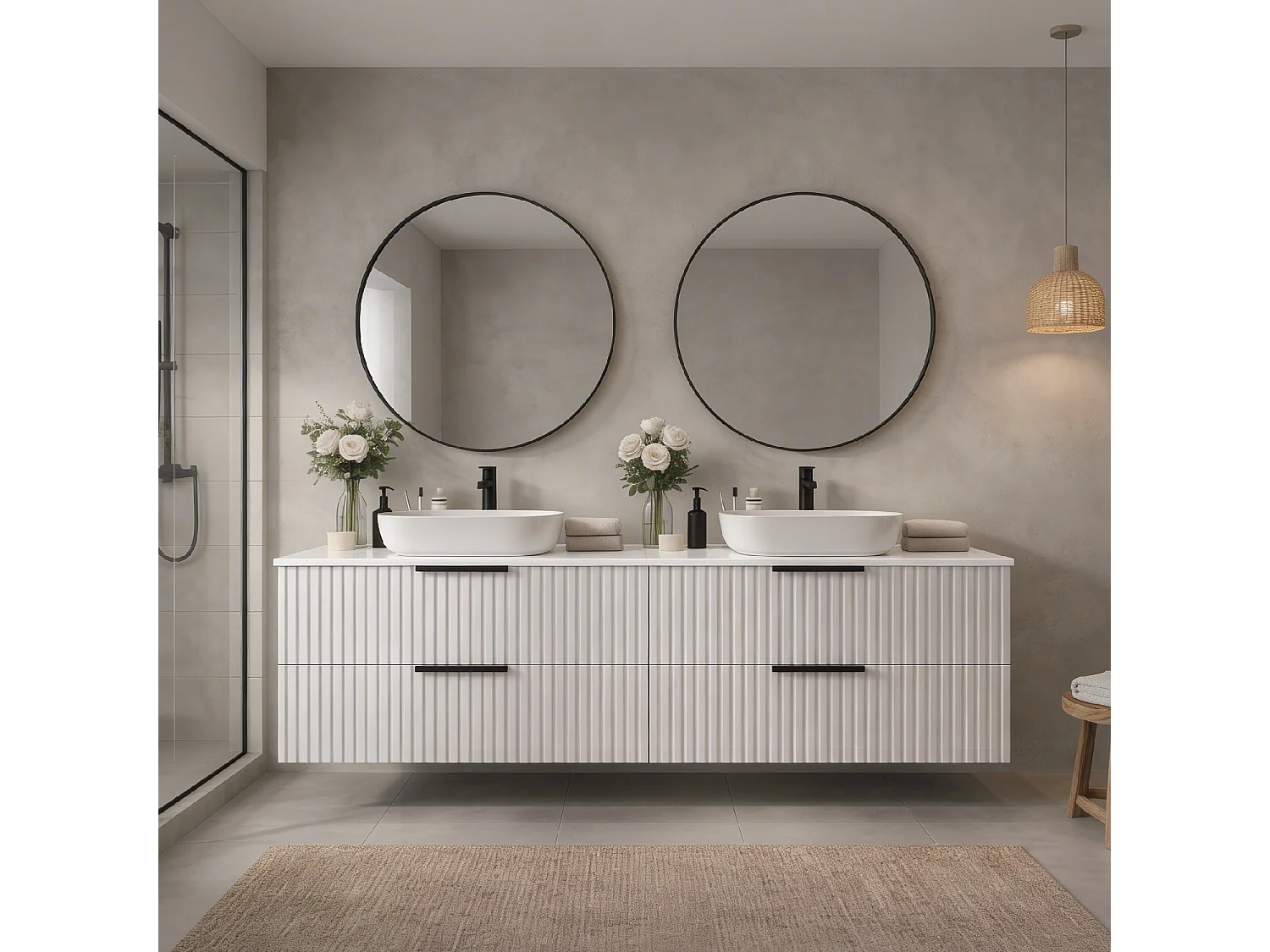 Meuble de salle de bain suspendu 120 cm avec lavabo - façade rainurée - couleur cachemire - 4 tiroirs - TIBU