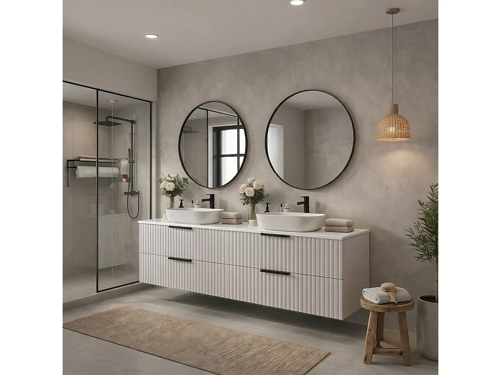 Meuble de salle de bain suspendu 120 cm avec lavabo - façade rainurée - couleur cachemire - 4 tiroirs - TIBU