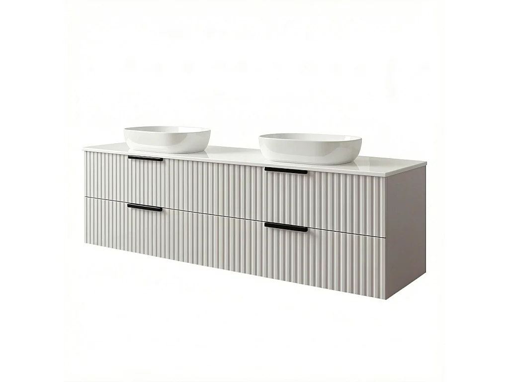 Meuble de salle de bain suspendu 120 cm avec lavabo - façade rainurée - couleur cachemire - 4 tiroirs - TIBU
