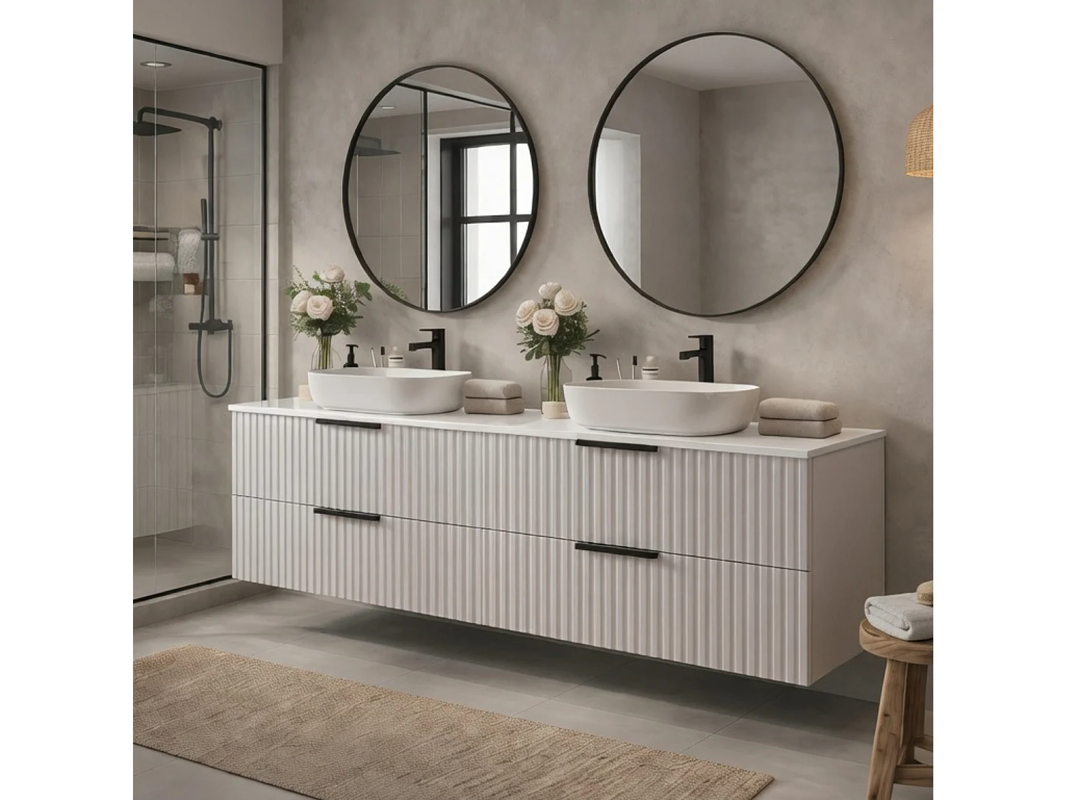 Meuble de salle de bain suspendu 120 cm avec lavabo - façade rainurée - couleur cachemire - 4 tiroirs - TIBU