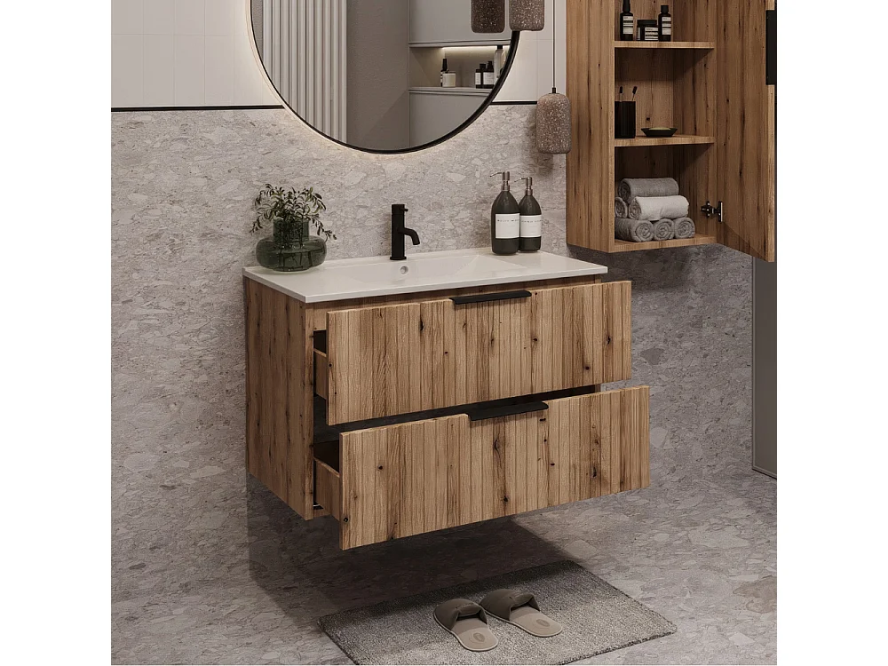 Mueble de baño suspendido 80 cm con lavabo - frente acanalado - roble Evoke - 2 cajones - TIBU