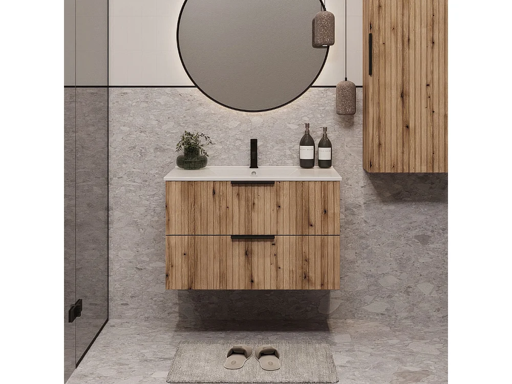 Mueble de baño suspendido 80 cm con lavabo - frente acanalado - roble Evoke - 2 cajones - TIBU